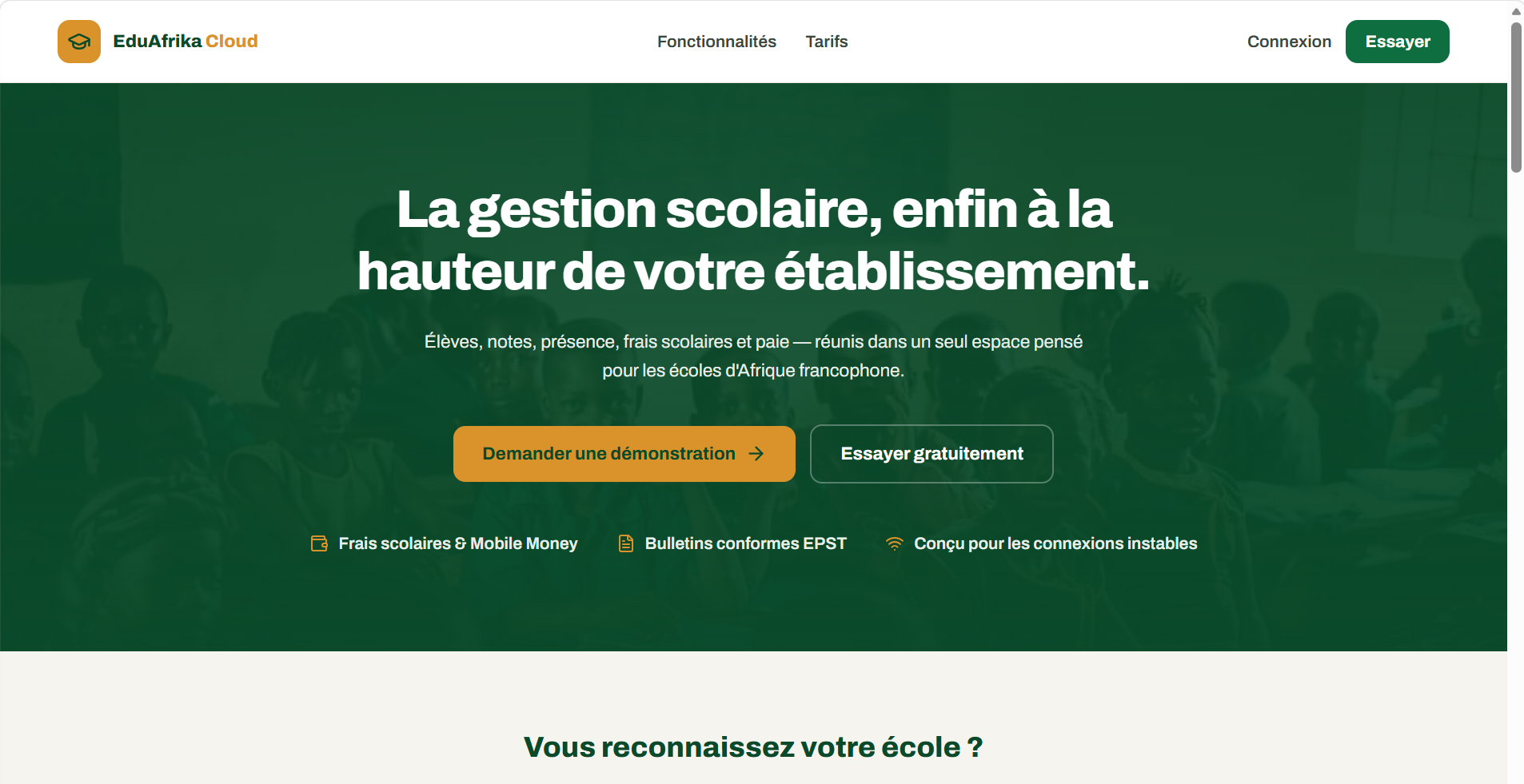 Page d'accueil EduAfrika Cloud