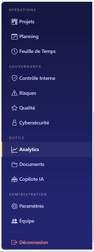 Menu KIMIA ERP / BI : Contrôle interne, Risques, Qualité, Cybersécurité, Analytics, Copilote IA
